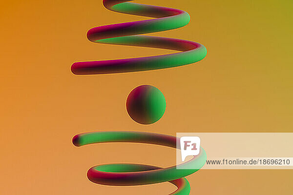 3D render of green sphere floating between two spirals