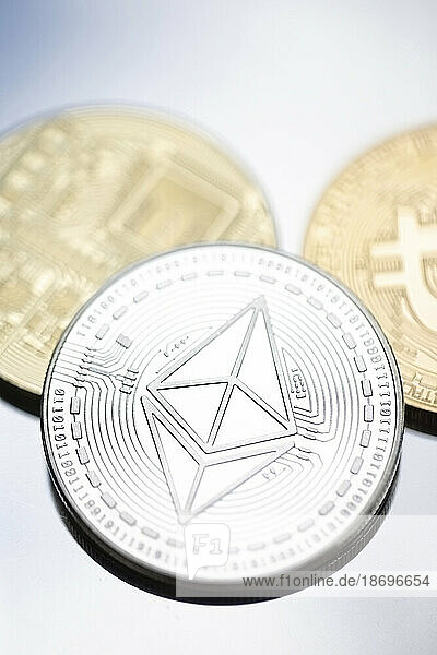 Close-up of Bitcoin and Ethereum coins