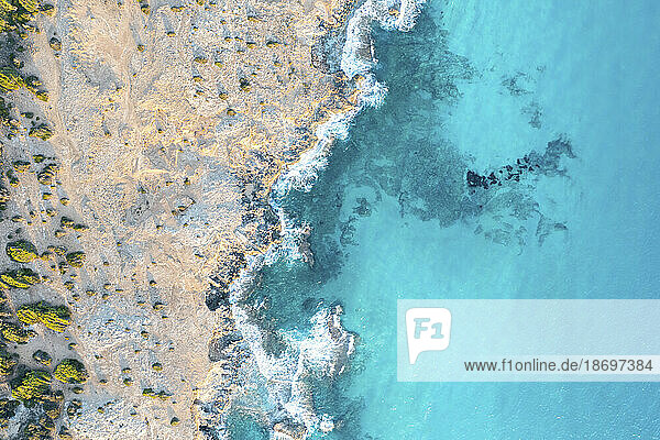 Spain  Balearic Islands  Formentera  Drone view of turquoise seashore