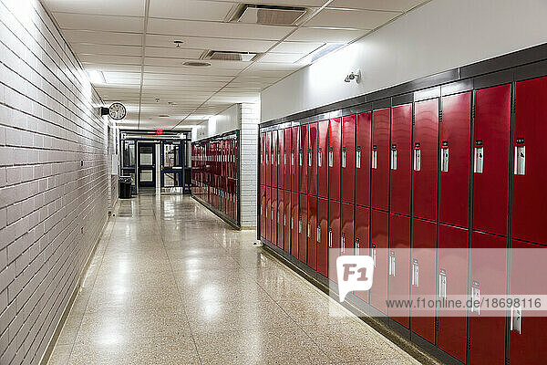 hallway and lockers in a recently renovated and upgraded rural high school; Namao  Alberta  Canada