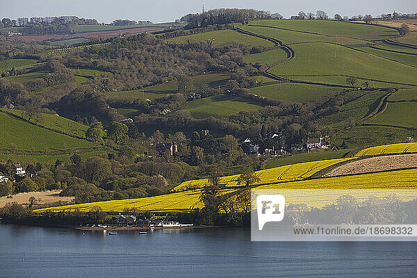 Picturesque farmland on rolling hills along the along the estuary of the River Teign  near the town of Teignmouth  in Devon  southwest England; Devon  England