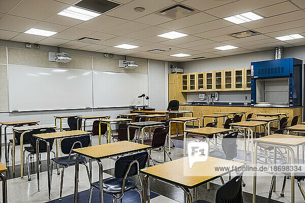 Science lab classroom in a recently renovated and upgraded rural high school; Namao  Alberta  Canada