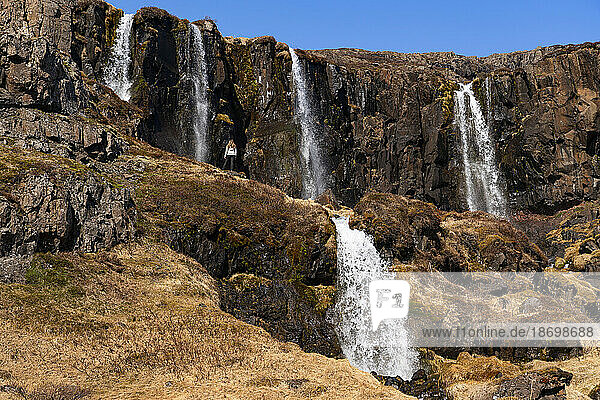 Scenic view of a woman standing on a cliff side slope in front of a series of waterfalls  some above and below  flowing from the craggy cliffs of the East Fjords making her appear small against the vast landscape in front of her; East Iceland  Iceland