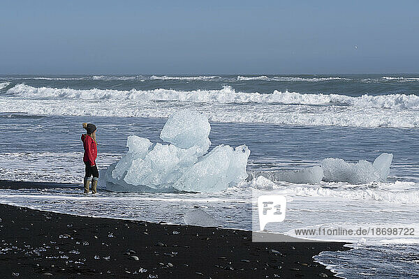 View of woman standing on the beach at the water's edge admiring ice bergs along the South Coast of Iceland; Jokulsarlon  South Iceland  Iceland