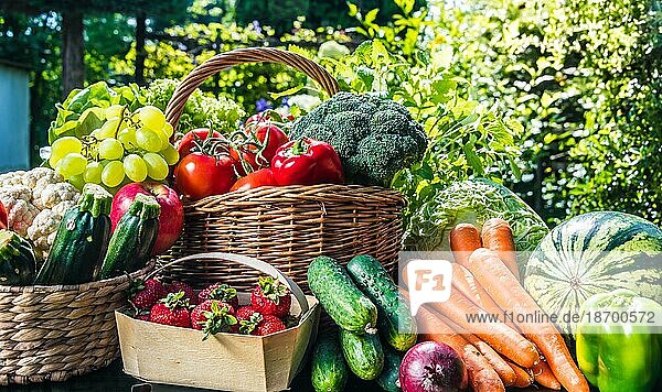 Vielfalt an frischem Biogemüse und Obst aus dem Garten. Ausgewogene Ernährung