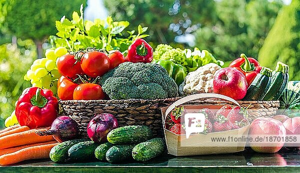 Vielfalt an frischem Biogemüse und Obst aus dem Garten. Ausgewogene Ernährung
