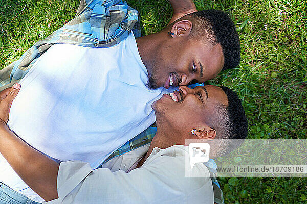 View from above happy,  affectionate gay male couple laying in grass
