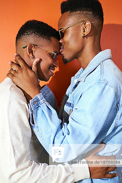 Portrait affectionate young gay male couple in sunglasses kissing