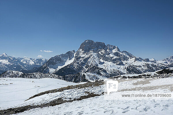 Croda Rossa D'Ampezzo mountain covered by pristine snow  Dolomites  Italy  Europe