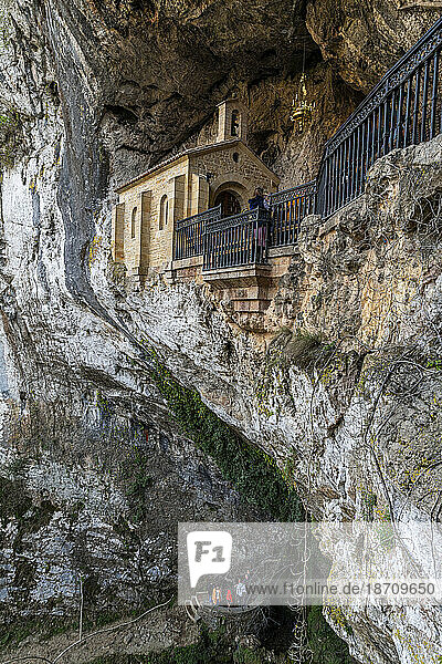 Sanctuary below the BasA?lica de Santa MarA?a la Real de Covadonga  Picos de Europa National Park  Asturias  Spain  Europe