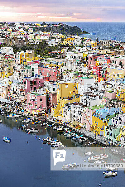 Elevated view of the fishing village of Marina Corricella with colorful houses  Procida island  Tyrrhenian Sea  Naples district  Naples Bay  Campania region  Italy  Europe