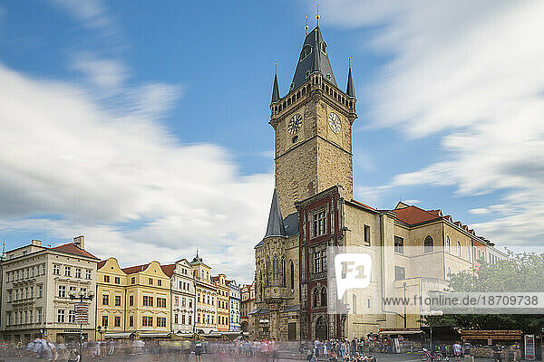 Tourists in motion at Old Town Hall Tower at Old Town Square  UNESCO World Heritage Site  Prague  Bohemia  Czech Republic (Czechia)  Europe