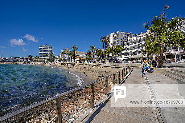 View of cafes and bars on the promenade of Playa Den Bossa Beach  Ibiza Town  Eivissa  Balearic Islands  Spain  Mediterranean  Europe