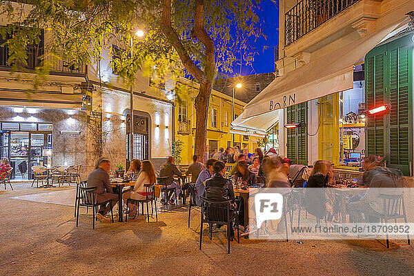 View of restaurant and bar in Dalt Vila at dusk  UNESCO World Heritage Site  Ibiza Town  Eivissa  Balearic Islands  Spain  Mediterranean  Europe