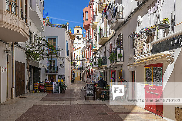 View of restaurants and cafes in Dalt Vila  UNESCO World Heritage Site  Ibiza Town  Eivissa  Balearic Islands  Spain  Mediterranean  Europe