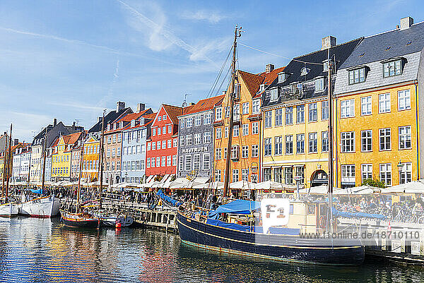 Colourful houses and wooden boats in Nyhavn harbour  Copenhagen  Denmark  Scandinavia  Europe