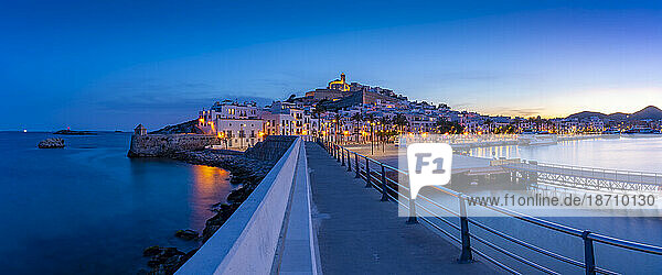 View of Cathedral and Dalt Vila from harbour at dusk  UNESCO World Heritage Site  Ibiza Town  Eivissa  Balearic Islands  Spain  Mediterranean  Europe