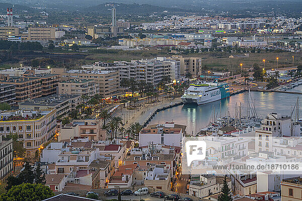 Elevated view of harbour  Dalt Vila district and city defence walls at dusk  UNESCO World Heritage Site  Ibiza Town  Eivissa  Balearic Islands  Spain  Mediterranean  Europe