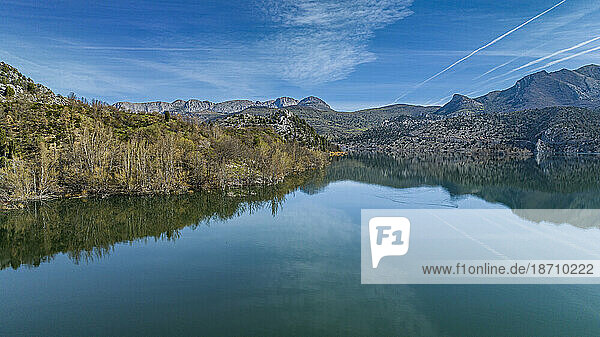 Aerial of the mountains and Embalse de Luna lake  Asturias  Spain  Europe
