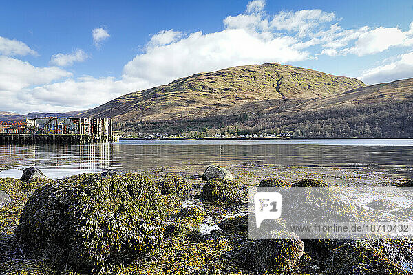 Distant view of the village of Arrochar  Loch Long  Argyll and Bute  Scotland  United Kingdom  Europe