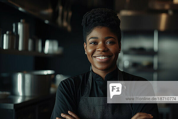 Portrait of black female chef at restaurant kitchen. Generative AI.