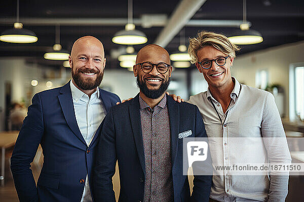 three smiling multi-ethnic businessmen standing in office