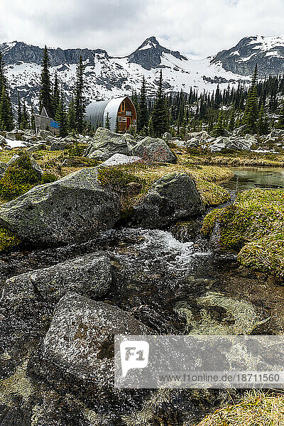 Scenic view of alpine cabin in grassy mountain meadow in Canada.