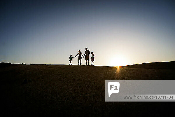 Silhouette of family on a hill in the Summer