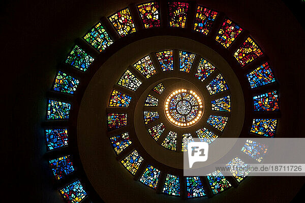 Stain glass windows of the chapel at Thanksgiving Square in downtown Dallas  TX.