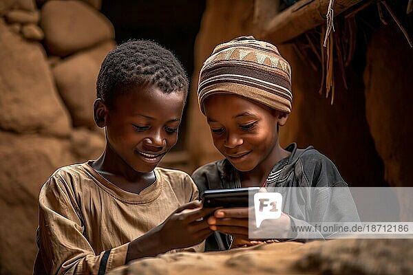 Two African children with a mobile phone in the village. Generative AI