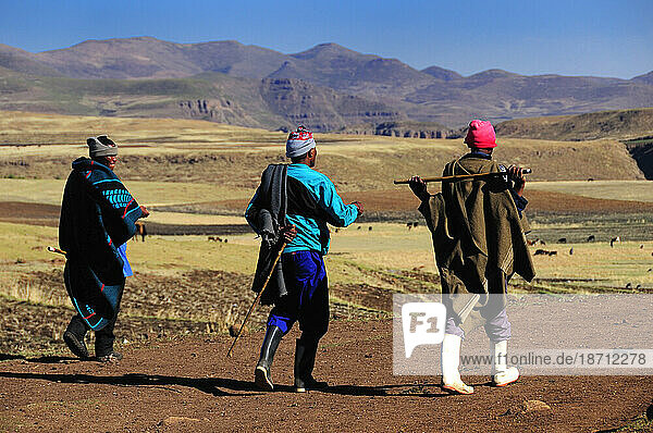 Basotho people walking near Semonkong  Lesotho  South Africa