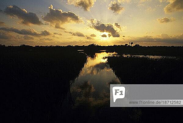 Sunset reflecting off waterways in Everglades National Park  Florida.