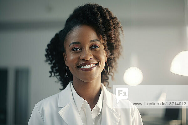 Young african female scientific in laboratory. Generative AI.