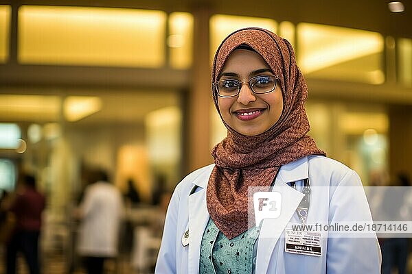 Female muslim doctor standing at hospital. Generative AI