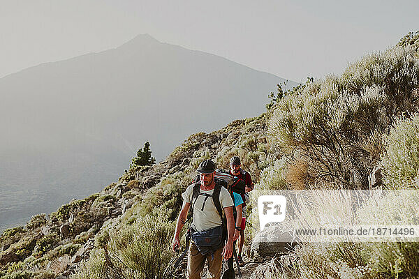Walking to the top of Guajara Mountain with the awesome Teide in back