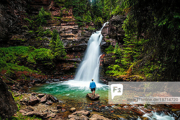 Man at Forested Waterfall in the Colorado Mountains