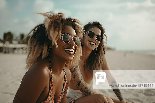 Smiling young women posing on the beach AI Generative