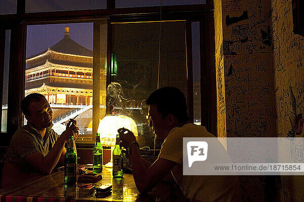 Bar with view of Bell Tower in Xian  Shaanxi  China