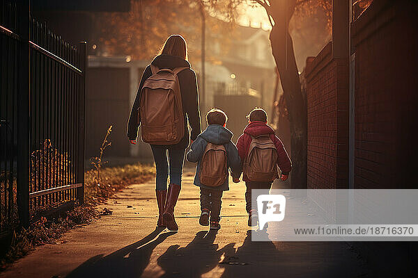 Mother taking her kids to school. Generative AI.