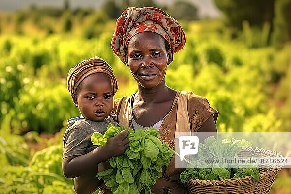 Female african farmer with her baby. Generative AI