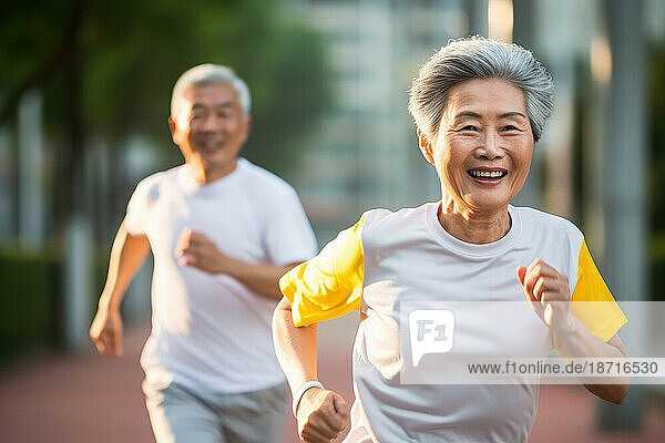 Cheerful active senior asian couple jogging at street. Generative AI.