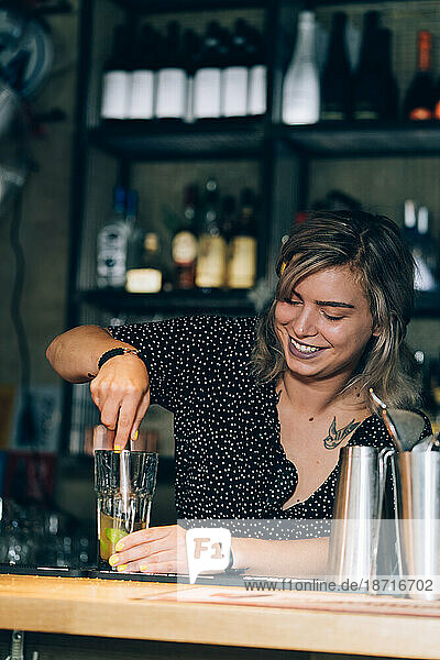 Waitress Preparing A Mojito Cocktail In A Bar.