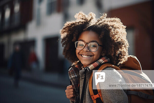 African elementary schoolgirl smiling  back to school. Generative AI.