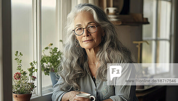 Pensive retired woman near the window. Generative AI