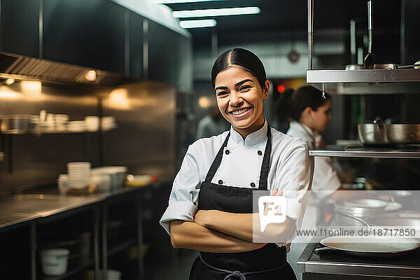 Portrait of latin female chef at restaurant kitchen. Generative AI.