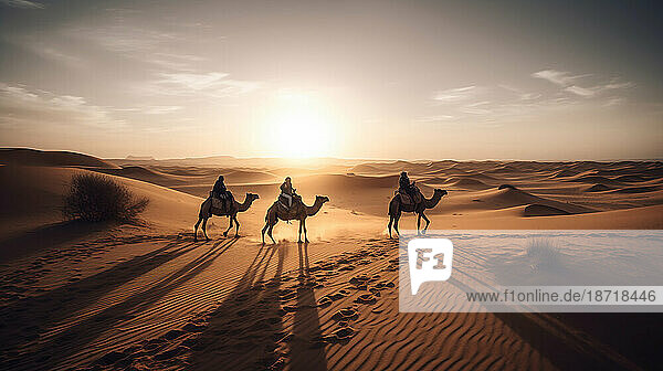 Image Generative AI. Group of beduins on desert landscape