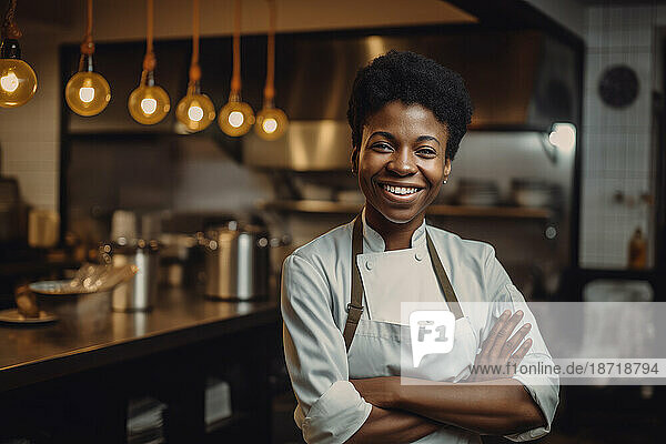 Portrait of african female chef at restaurant kitchen. Generative AI.