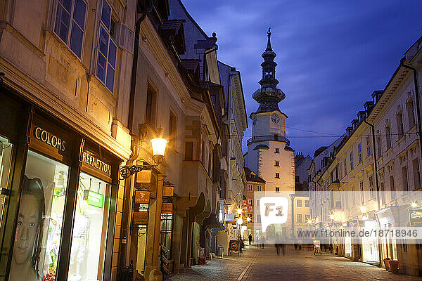 Saint Michaels Tower illuminated at night  Bratislava  Slovakia. Built