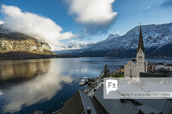 church on the shore of lake Hallstatt in the Austrian Alps