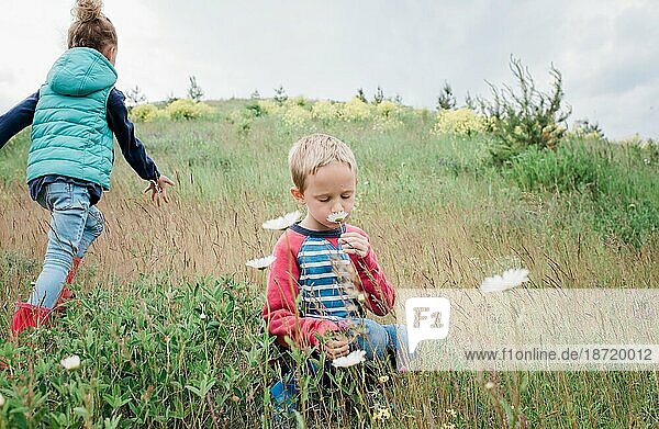 a young boy smelling daisies in a field with his sister